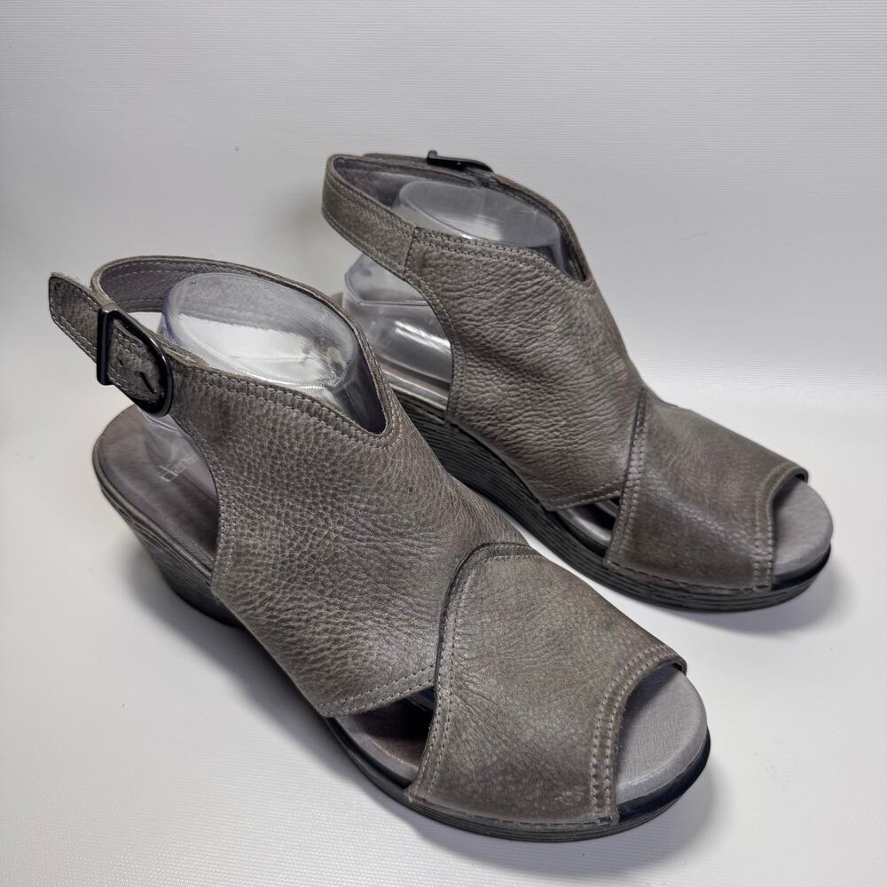 Dansko Vanda Leather Peep Toe Ankle Slingback Platforms Women Sz 41 Pebbled Gray
